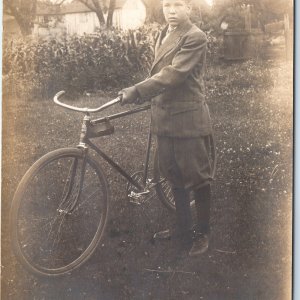 c1910s Young Man Suit Hat RPPC Postcard Boy Bicycle Antique Safety Cycle Outdoor