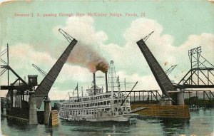 c1908 Wheelock Postcard; Peoria IL, Steamer J.S. Passing McKinley Drawbridge
