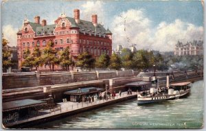 1909 Westminster Pier London England Sightseeing Boats River Posted Postcard