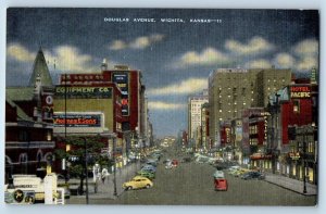 1940 Wichita Kansas KS Postcard Douglas Avenue Night Scene Classic Cars Building