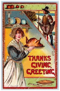 1909 Thanksgiving Greeting Pretty Chef With Turkey Pie Candle Embossed Postcard