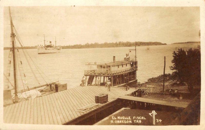 RPPC El Muelle Fiscal A. Obregon Boat Dock Mexico c1940s Vintage Postcard