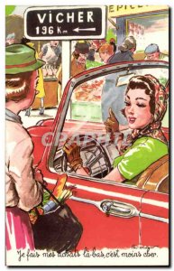 Humor - Illustration - Pretty Woman - Car - Classic Car - Old Postcard