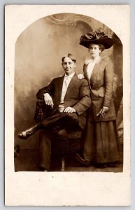 RPPC Attractive Edwardian Couple Woman Large Hat Man Sweet Smile Postcard P26
