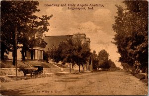 Postcard IN Logansport Broadway & Holy Angels Academy Buggy Street-View 1912 M17