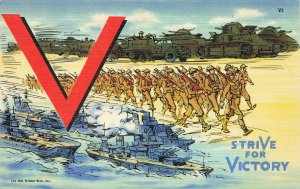 Strive For Victory Soldiers Tanks Ships WWII 1941 Linen Postcard