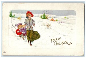 1914 Christmas Girl Pulling Children Sled Winter Scene Mankato MN Postcard