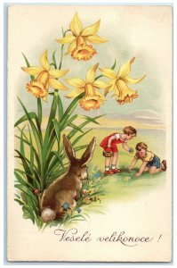 c1910's Easter Children Egg Bunny Rabbit Flowers Czech Republic Antique Postcard