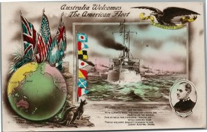 AUSTRALIA WELCOMES AMERICAN FLEET ANTIQUE REAL PHOTO POSTCARD RPPC