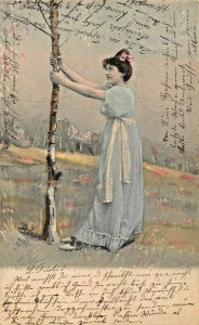 BEAUTIFUL YOUNG WOMAN-LONG BLUE DRESS-WHITE WAIST SASH~1903 SWISS POSTCARD