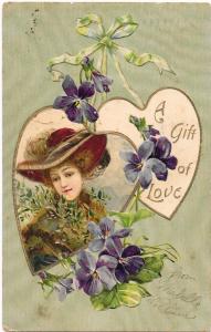 A Gift of Love - Romance - Violets and Lady in Bonnet 1907 Vintage Postcard UDB