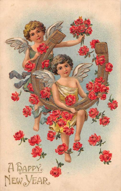 New Year Greetings Angels Horseshoe Roses Vintage Postcard J926491