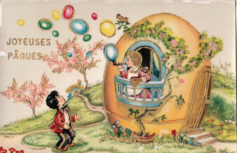 Happy Easter fantasy postcard floral egg house girl bubbles Easter eggs novelty