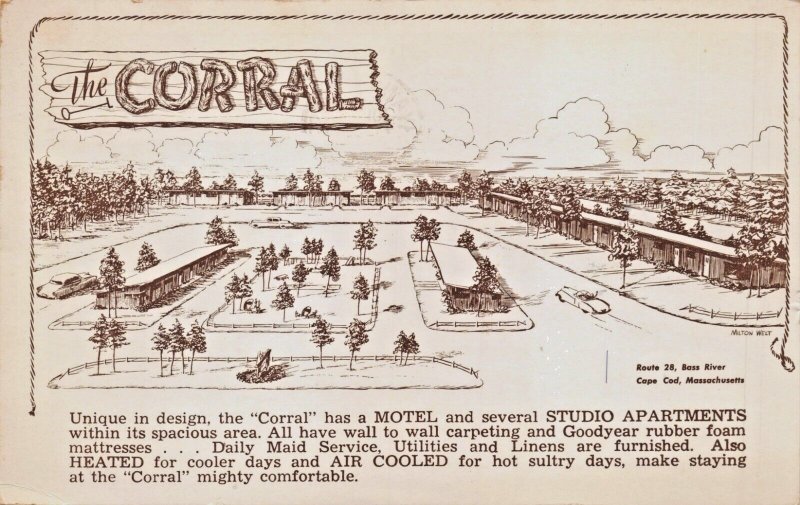 CAPE COD MASSACHUSETTS-THE CORRAL-MOTEL & STUDIO APARTMENTS-ARTIST POSTCARD 1954