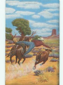 Linen signed COWBOY JUMPING FROM HIS HORSE AC6590