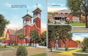 GREEN BAY, WI  Wisconsin  ST JOHN'S CHURCH, SCHOOL & PARSONAGE  c1940's Postcard