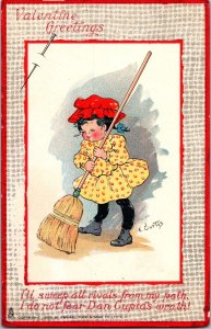 Tucks 3 Love's Labor Girl with Broom Sweel All Rivals Away Vintage Postcard R41