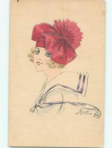 Pre-Linen Fashion signed PRETTY GIRL WEARING RED HAT AND SAILOR OUTFIT AB7928