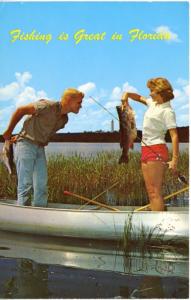 Florida FL ~ Fishing Is Great in Florida ~ Fish Man Woman Canoe Funny Postcard