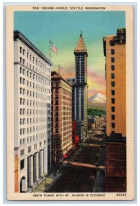 Seattle Washington Postcard Second Avenue Smith Tower Mt. Rainier  c1940 Vintage