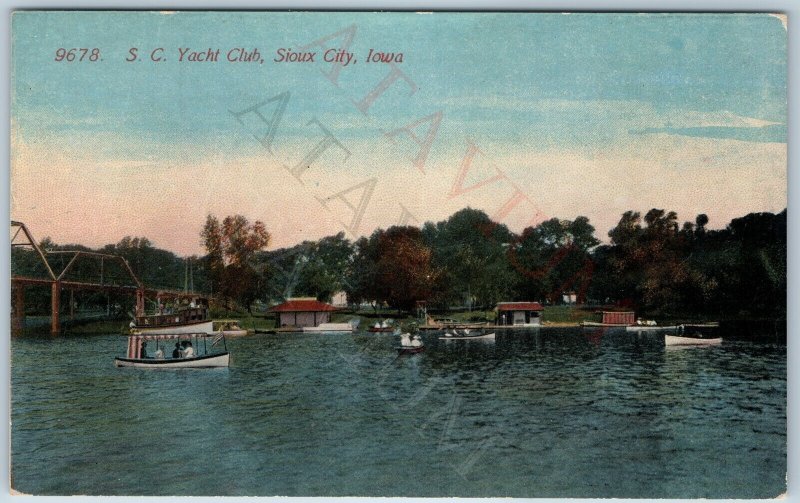 c1910s Sioux City, IA S.C Yacht Club People Boat Water Steam Park Bridge PC A200