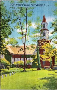 Bruton Parish Church Oldest Contstant Use Williamsburg VA Linen Postcard PM WOB 