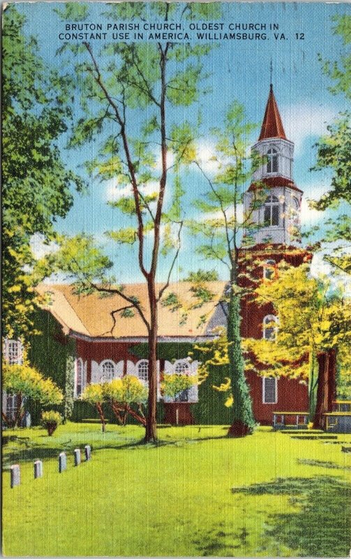 Bruton Parish Church Oldest Contstant Use Williamsburg VA Linen Postcard PM WOB 