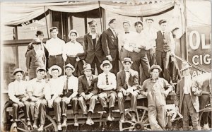 Men Sitting on Wagon Travelling Circus ?? Blue Ribbon Tea Postcard E74 *as is