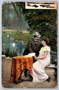 Couple On A Garden Bench, Antique Greetings Postcard, Series 391