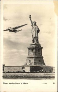 New York City NYC NY Clipper Plane Passes Statue of Liberty RPPC Vintage PC
