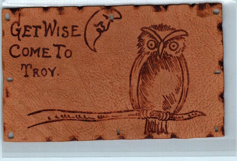 TROY, Somewhere? c1900s LEATHER Postcard: OWL Says: Get Wise Come to Troy!