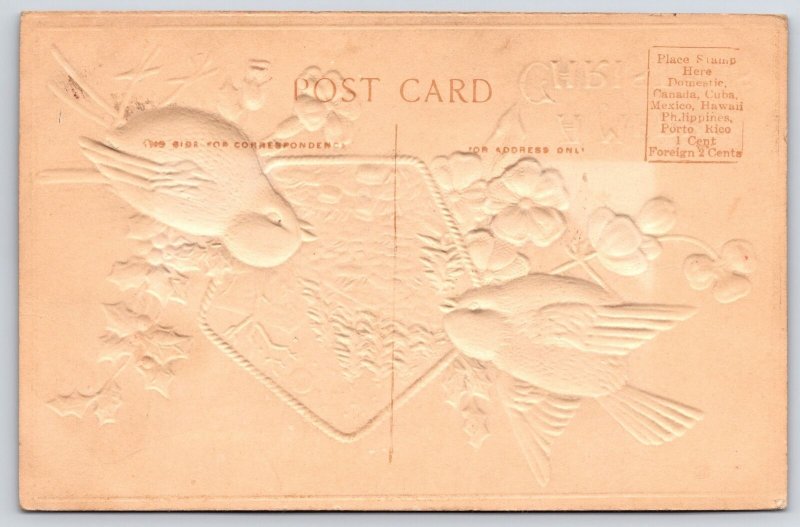 A Merry Christmas Embossed Birds And Pine Trees Greetings & Wishes Postcard