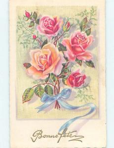 Pre-1980 foreign BEAUTIFUL PINK AND YELLOW ROSE FLOWERS WITH BLUE RIBBON HL8029
