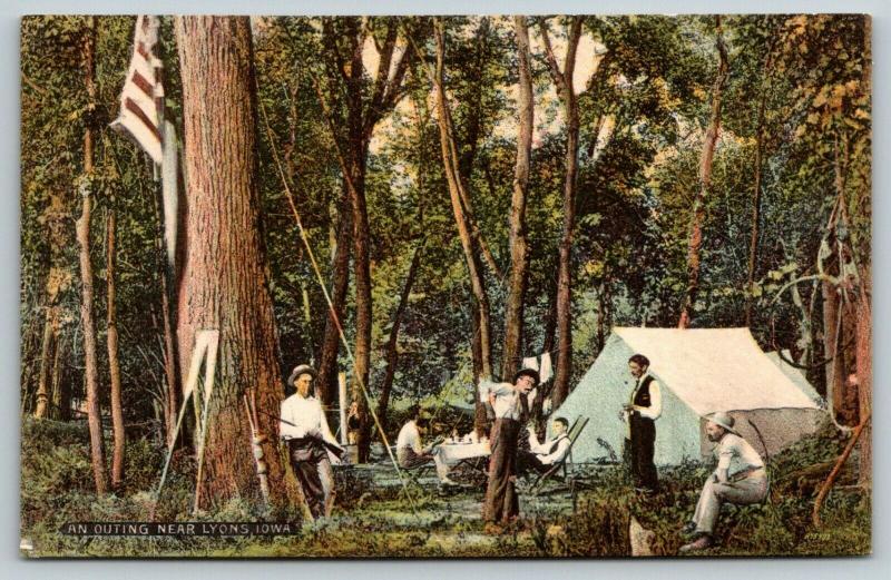 Lyons Clinton Iowa~Men Camp in Woods~Tent~Guns~Laundry Line~Canoe Paddles~1910 