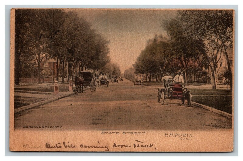 Vintage 1907 Postcard - Antique Cars Driving State Street Emporia Kansas