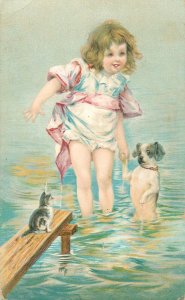 B567 Adorable embossed drawn girl bathing dog & kitty cat chromo postcard 1908