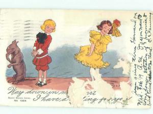 damaged Pre-1907 Comic signed RF OUTCAULT - DOG LAUGHING BESIDE KIDS AC3633