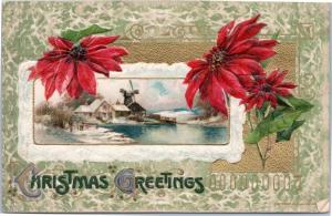 John Winsch 1910 Christmas Greetings with Poinsettia and house with windmill