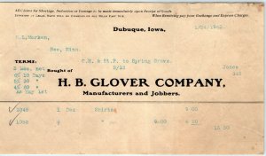 1903 Dubuque, IA H.B. Glover Letterhead Clothing Receipt Invoice Spring Grove R1