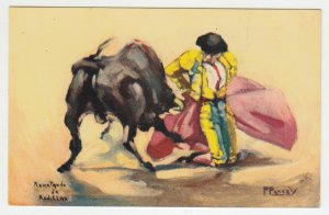 P2496, vintage art postcard bull fighting signed mexico