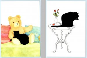 2 Postcards CAT & TEDDY BEAR Artist Sue Boettcher ~ Black CAT WASHING 4x6