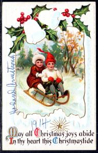 Christmas Joys,Children Sledding,Holly,Bells