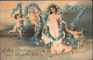 New Year 1907 Babies and Children Forget Me Not Flowers Vintage Postcard