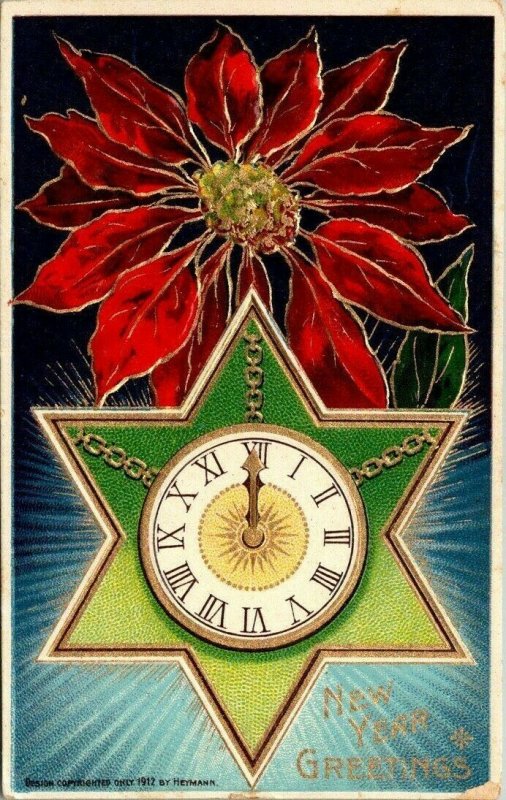 Vintage Postcard New Year Greeting 1915 Clock Star Poinsettia German San Jose CA