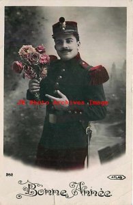 Bonne Annee, Atlas No 2152, Tinted RPPC, French Soldier Holding Roses