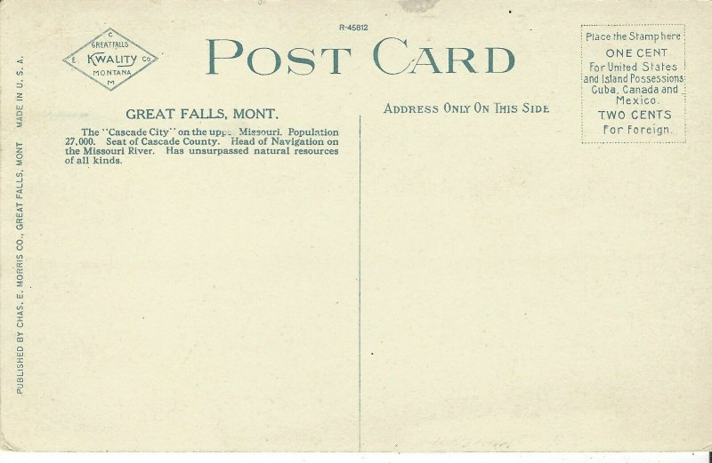 POSTCARD CENTRAL HIGH SCHOOL GREAT FALLS MONTANA