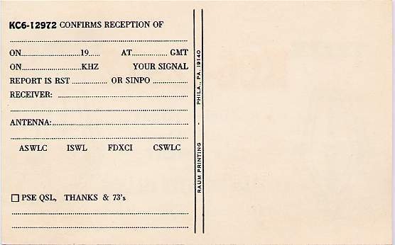 Short Wave Radio Listener Card Truk Islands Eastern Caroline Islands Micronesia