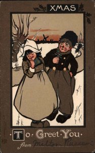 Christmas Little Dutch Boy and Girl Romance c1905 Vintage Postcard