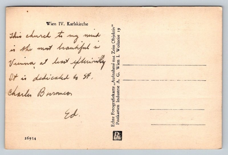 RPPC  Vienna  Austria   Wien  Karlskirche  Postcard