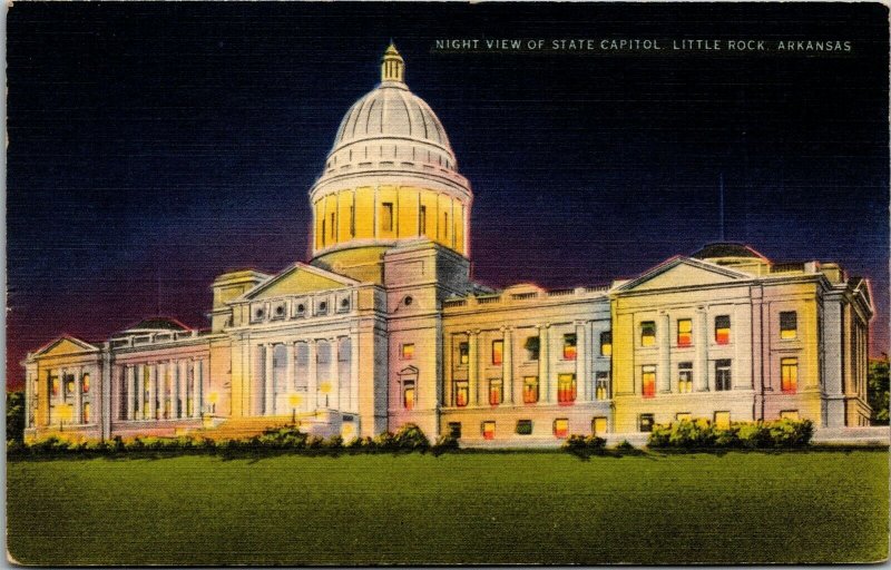 Vtg Little Rock Arkansas AR State Capitol Night View 1940s Linen Postcard